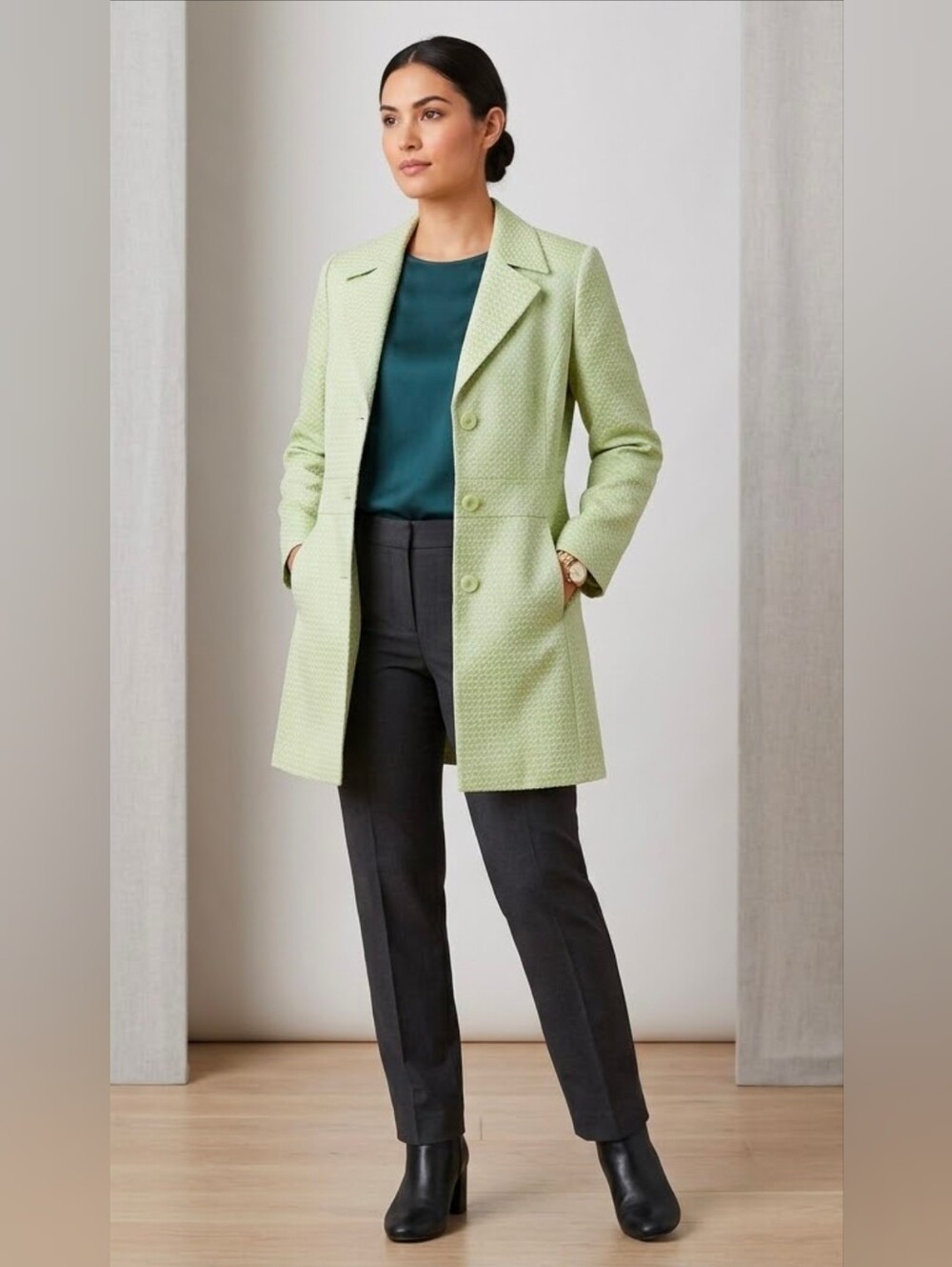 Worthington Light Green Textured Notch-Lapel Trench Coat